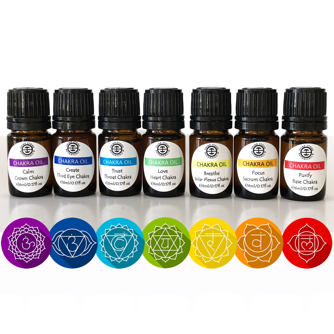 Complete Chakra Oil Blend kit with corresponding chakra colour & symbol